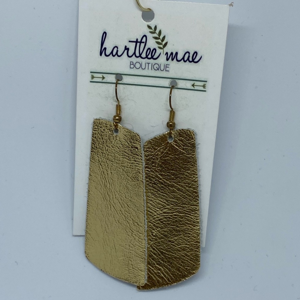 Genuine leather drop earrings - metallic gold